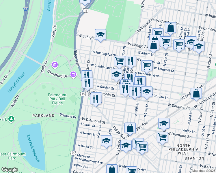 map of restaurants, bars, coffee shops, grocery stores, and more near 2327 North 31st Street in Philadelphia