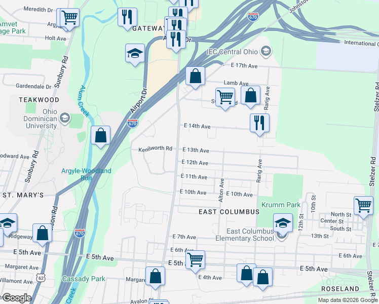 map of restaurants, bars, coffee shops, grocery stores, and more near 2865 East 14th Avenue in Columbus
