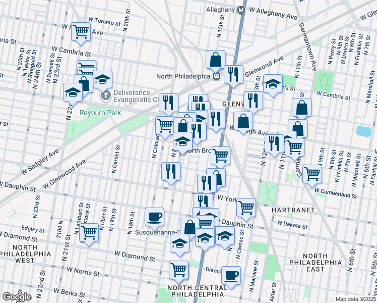 map of restaurants, bars, coffee shops, grocery stores, and more near 2548 North Sydenham Street in Philadelphia