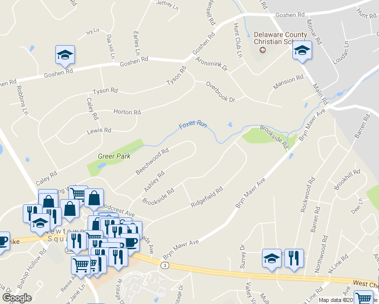 map of restaurants, bars, coffee shops, grocery stores, and more near 150 Ashley Road in Newtown Square