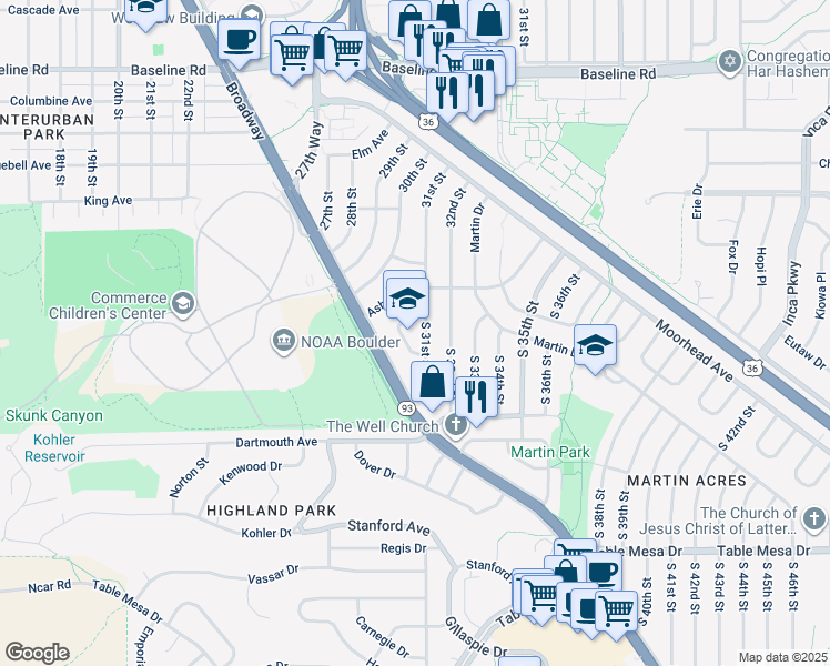 map of restaurants, bars, coffee shops, grocery stores, and more near 3100 Bucknell Court in Boulder