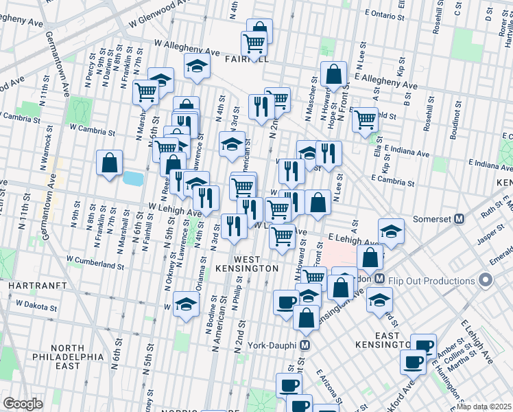 map of restaurants, bars, coffee shops, grocery stores, and more near 2728 North 2nd Street in Philadelphia