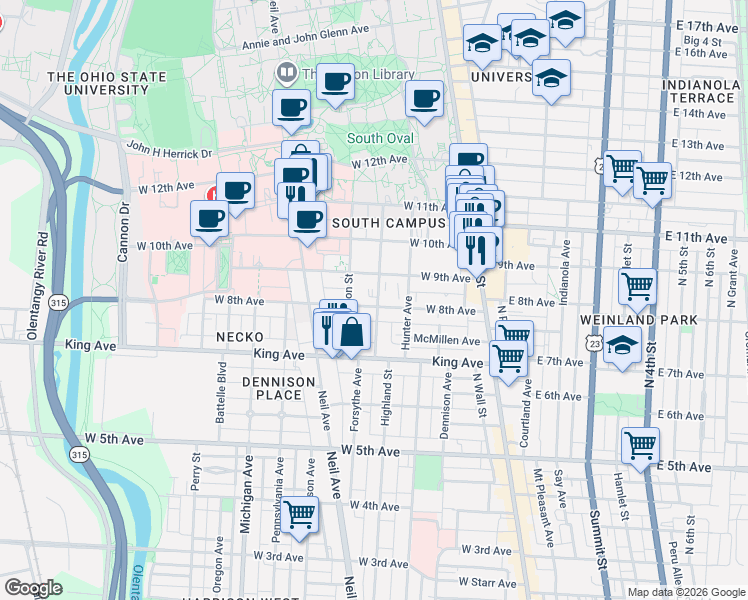 map of restaurants, bars, coffee shops, grocery stores, and more near 172 West 8th Avenue in Columbus