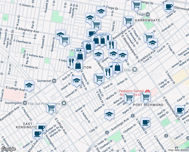 map of restaurants, bars, coffee shops, grocery stores, and more near 3030 Emerald Street in Philadelphia