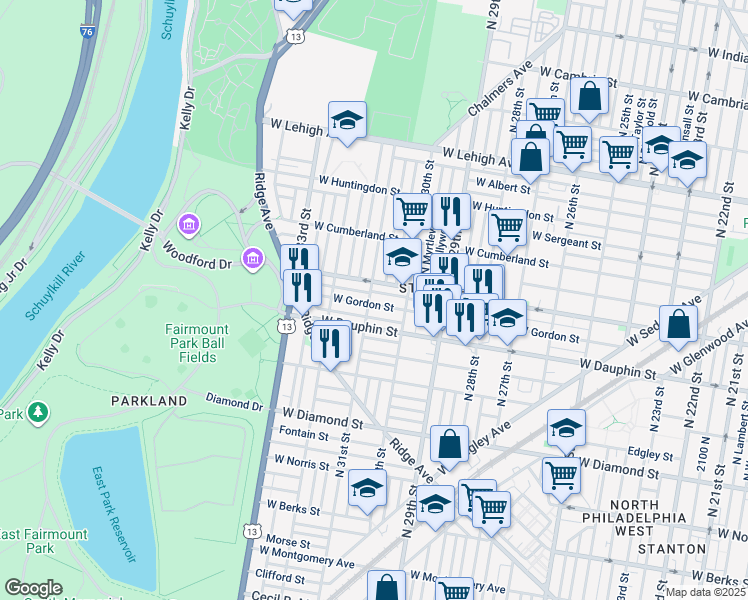 map of restaurants, bars, coffee shops, grocery stores, and more near 2331 North 31st Street in Philadelphia