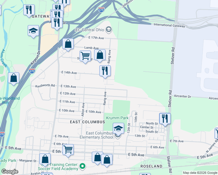 map of restaurants, bars, coffee shops, grocery stores, and more near 3091 East 14th Avenue in Columbus