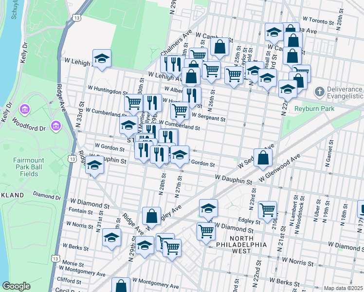 map of restaurants, bars, coffee shops, grocery stores, and more near 2709 West York Street in Philadelphia