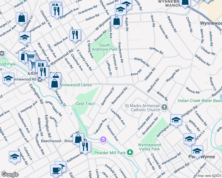 map of restaurants, bars, coffee shops, grocery stores, and more near 852 Beechwood Drive in Penn Wynne