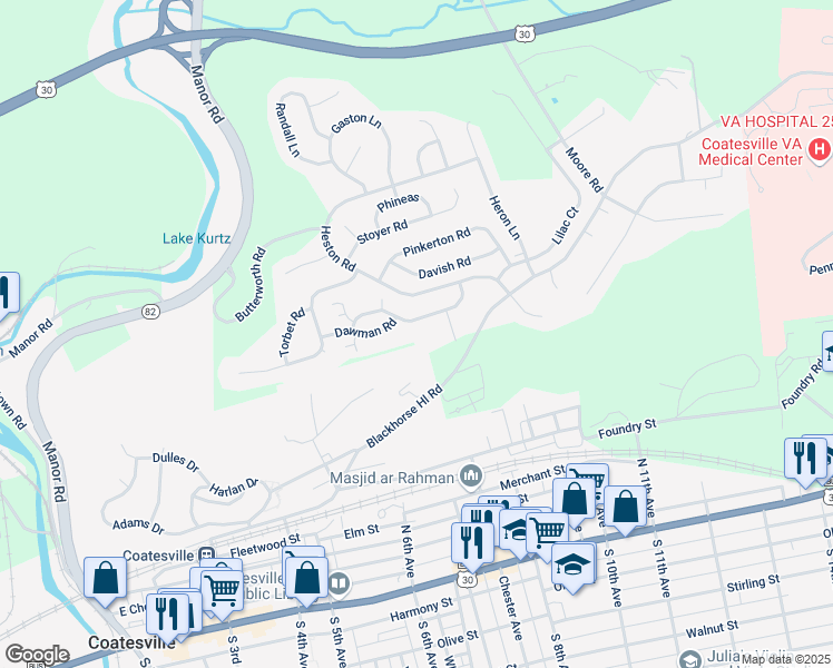 map of restaurants, bars, coffee shops, grocery stores, and more near 1102 Hulnick Road in Coatesville