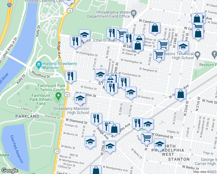 map of restaurants, bars, coffee shops, grocery stores, and more near 2921 West Arizona Street in Philadelphia