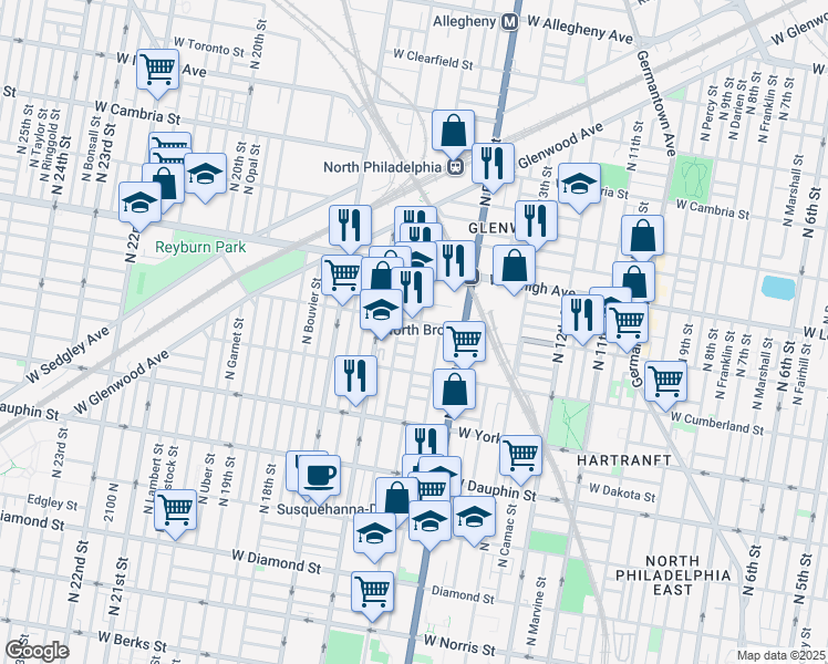 map of restaurants, bars, coffee shops, grocery stores, and more near 1541 West Huntingdon Street in Philadelphia