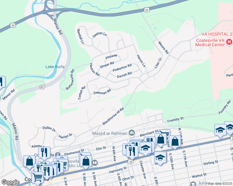 map of restaurants, bars, coffee shops, grocery stores, and more near 1102 Hulnick Road in Coatesville