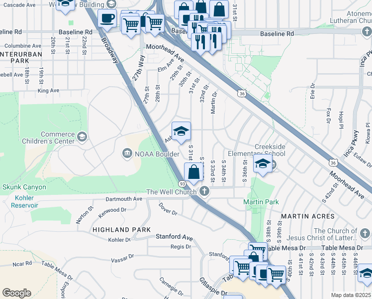 map of restaurants, bars, coffee shops, grocery stores, and more near 25 Bucknell Court in Boulder