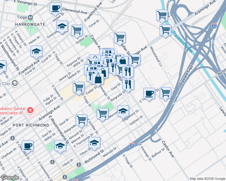 map of restaurants, bars, coffee shops, grocery stores, and more near 2450 Castor Avenue in Philadelphia
