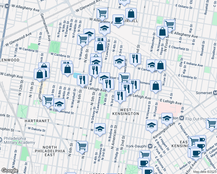 map of restaurants, bars, coffee shops, grocery stores, and more near 2737 North 4th Street in Philadelphia
