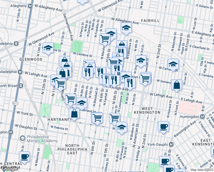 map of restaurants, bars, coffee shops, grocery stores, and more near 2728 North Reese Street in Philadelphia