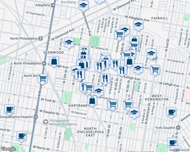 map of restaurants, bars, coffee shops, grocery stores, and more near 811 West Lehigh Avenue in Philadelphia