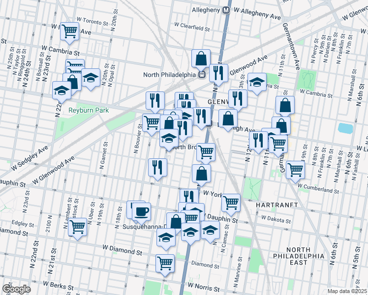 map of restaurants, bars, coffee shops, grocery stores, and more near 1541 West Huntingdon Street in Philadelphia