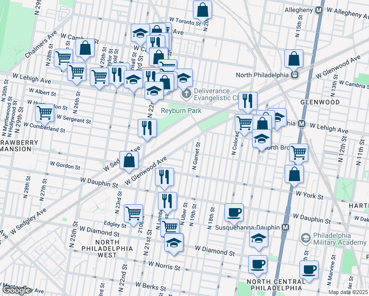 map of restaurants, bars, coffee shops, grocery stores, and more near 2401 North 22nd Street in Philadelphia