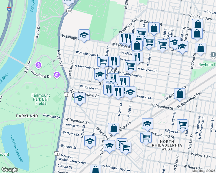 map of restaurants, bars, coffee shops, grocery stores, and more near 2921 West Arizona Street in Philadelphia