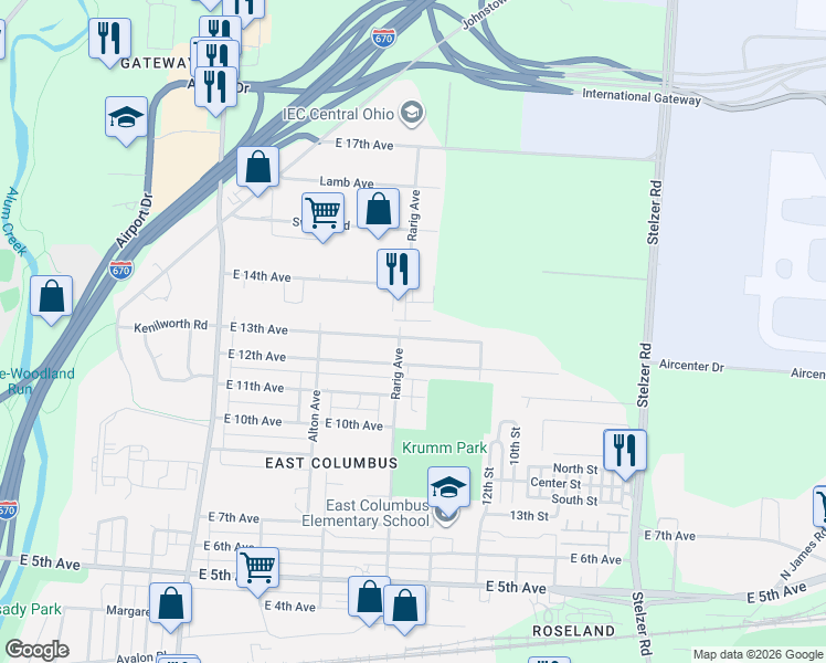 map of restaurants, bars, coffee shops, grocery stores, and more near 3091 East 14th Avenue in Columbus