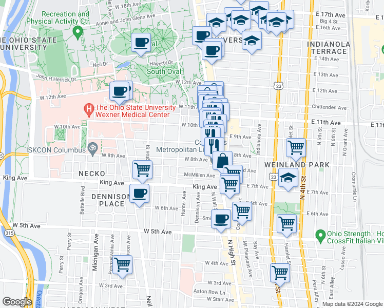 map of restaurants, bars, coffee shops, grocery stores, and more near 61 West 9th Avenue in Columbus