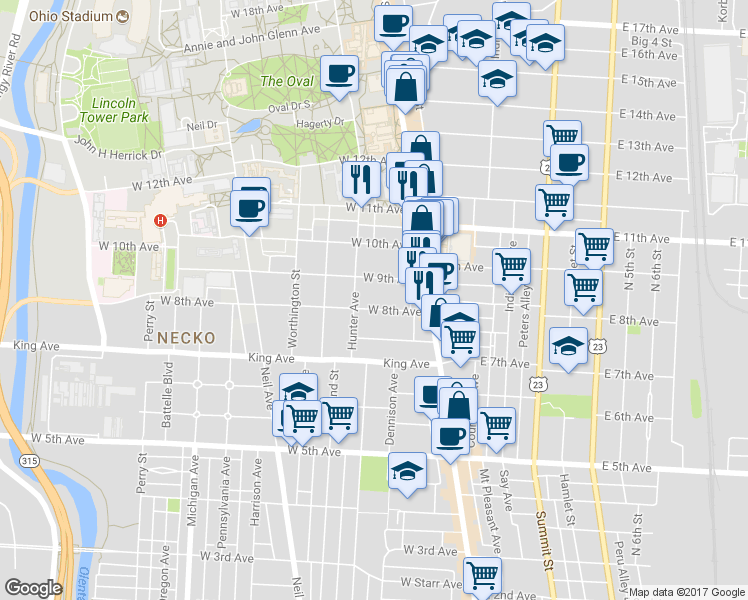 map of restaurants, bars, coffee shops, grocery stores, and more near 61 West 9th Avenue in Columbus