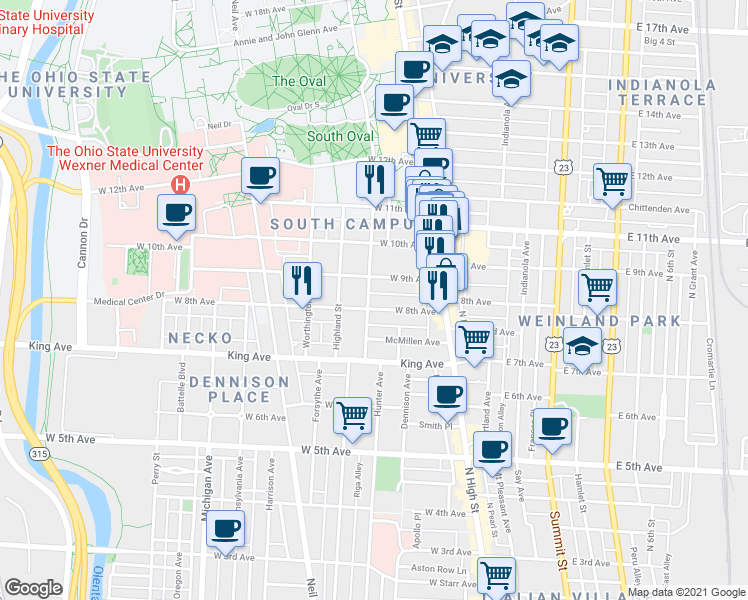 map of restaurants, bars, coffee shops, grocery stores, and more near in Columbus