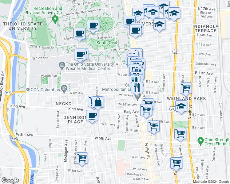 map of restaurants, bars, coffee shops, grocery stores, and more near in Columbus