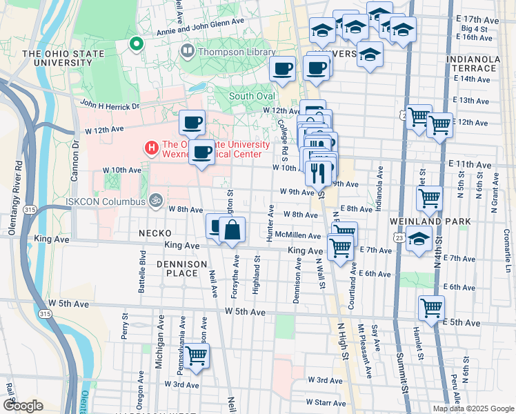 map of restaurants, bars, coffee shops, grocery stores, and more near in Columbus
