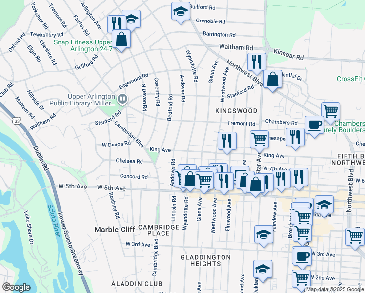 map of restaurants, bars, coffee shops, grocery stores, and more near 1777 Wyandotte Road in Columbus
