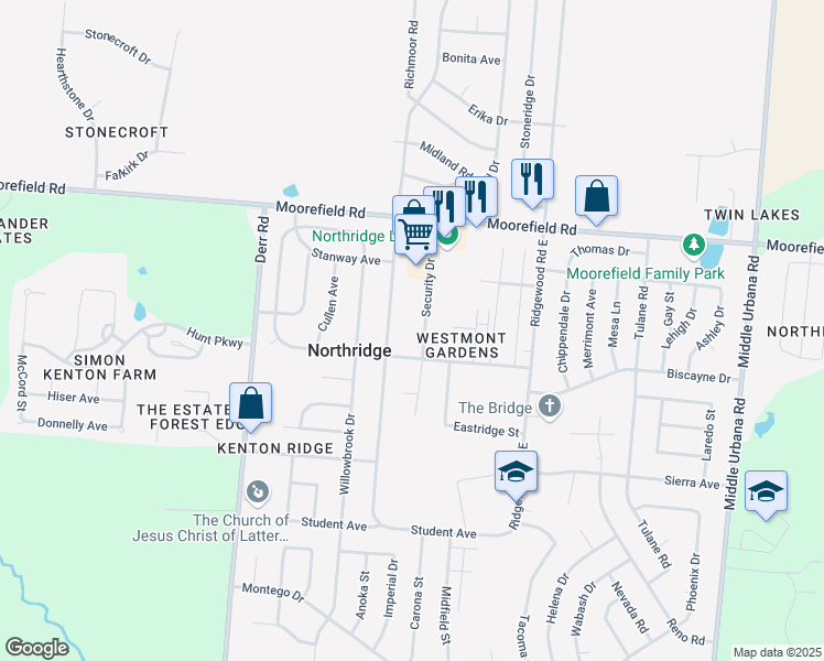 map of restaurants, bars, coffee shops, grocery stores, and more near 4810 West Ridgewood Road in Springfield