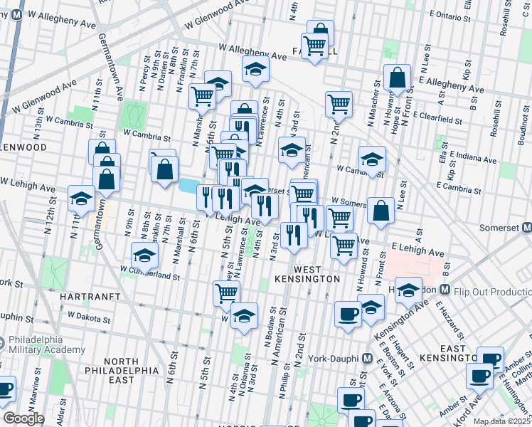 map of restaurants, bars, coffee shops, grocery stores, and more near 2737 North 4th Street in Philadelphia