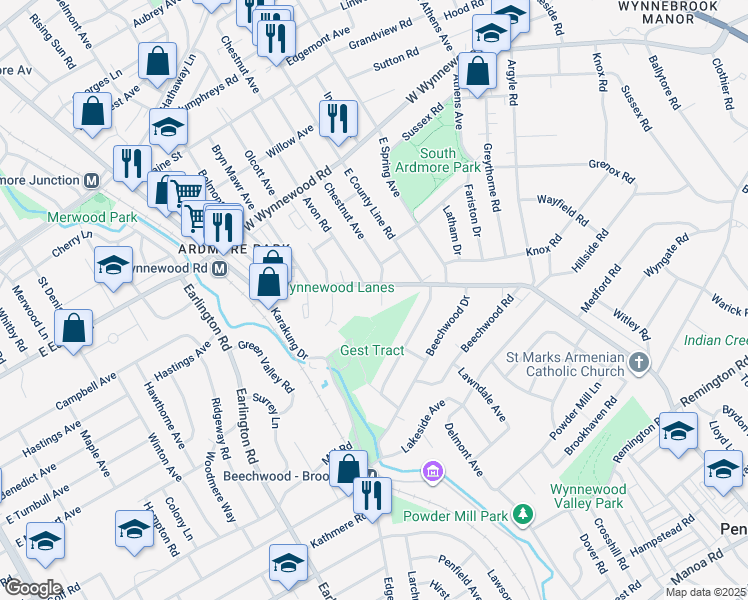 map of restaurants, bars, coffee shops, grocery stores, and more near 1900 Chestnut Circle in Ardmore
