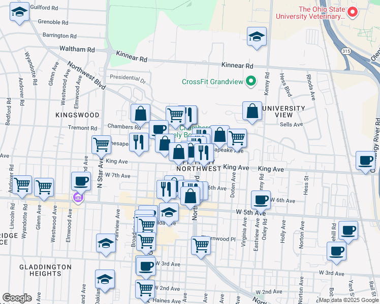 map of restaurants, bars, coffee shops, grocery stores, and more near 1295 Chesapeake Avenue in Columbus