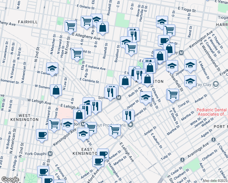 map of restaurants, bars, coffee shops, grocery stores, and more near 435 East Auburn Street in Philadelphia