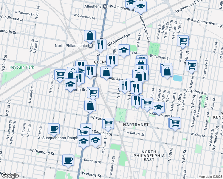 map of restaurants, bars, coffee shops, grocery stores, and more near in Philadelphia