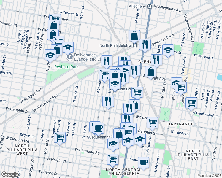 map of restaurants, bars, coffee shops, grocery stores, and more near 2547 North Bancroft Street in Philadelphia