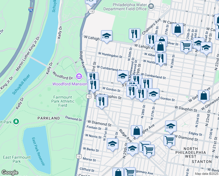 map of restaurants, bars, coffee shops, grocery stores, and more near 3117 West Gordon Street in Philadelphia