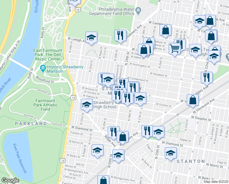map of restaurants, bars, coffee shops, grocery stores, and more near 2933 West Arizona Street in Philadelphia