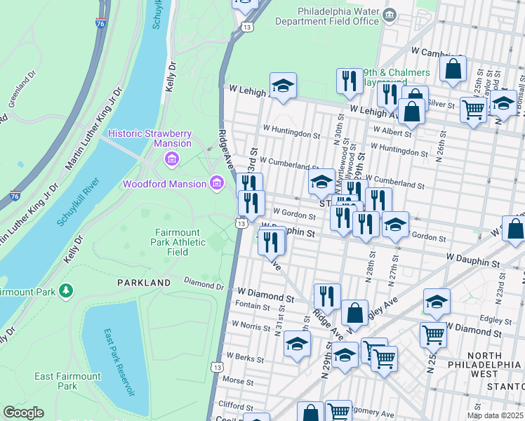 map of restaurants, bars, coffee shops, grocery stores, and more near 3214 West Gordon Street in Philadelphia