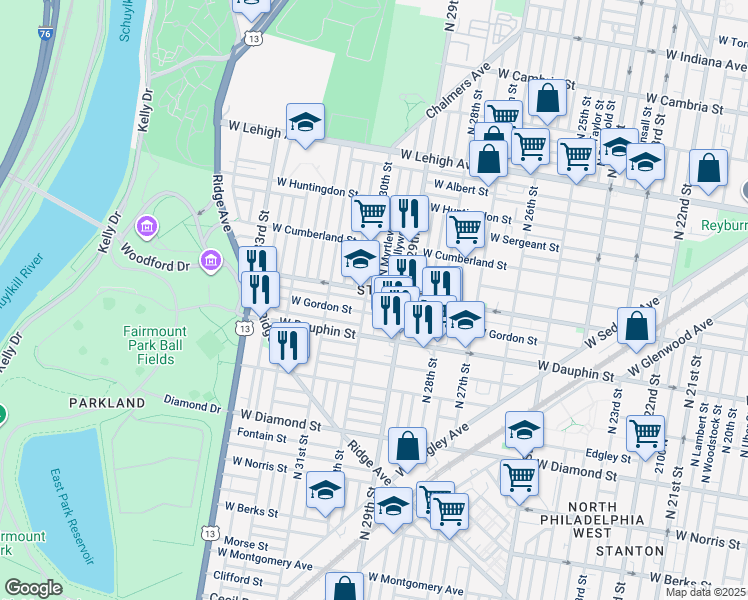 map of restaurants, bars, coffee shops, grocery stores, and more near 2944 West York Street in Philadelphia