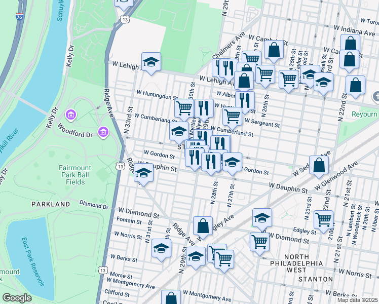 map of restaurants, bars, coffee shops, grocery stores, and more near 2933 West Arizona Street in Philadelphia