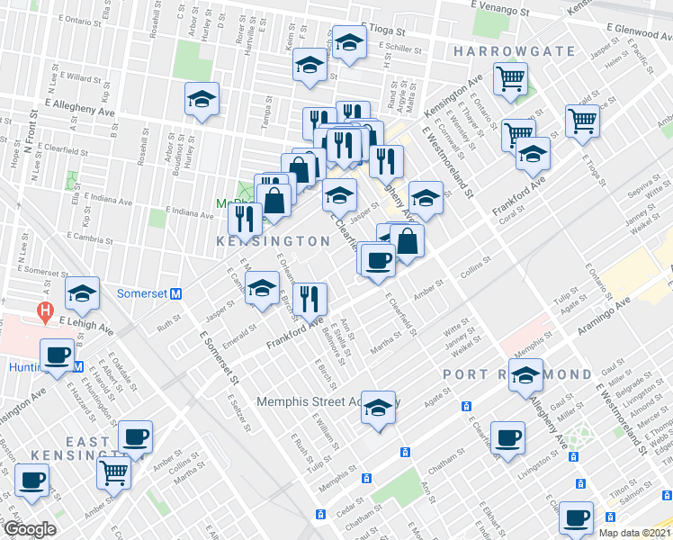 map of restaurants, bars, coffee shops, grocery stores, and more near Emerald Street & East Elkhart Street in Philadelphia