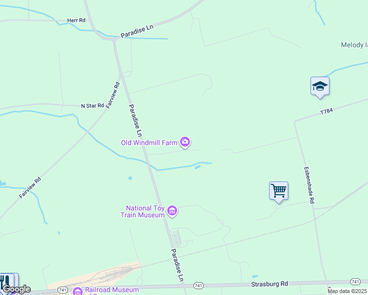 map of restaurants, bars, coffee shops, grocery stores, and more near 264 Paradise Lane in Ronks