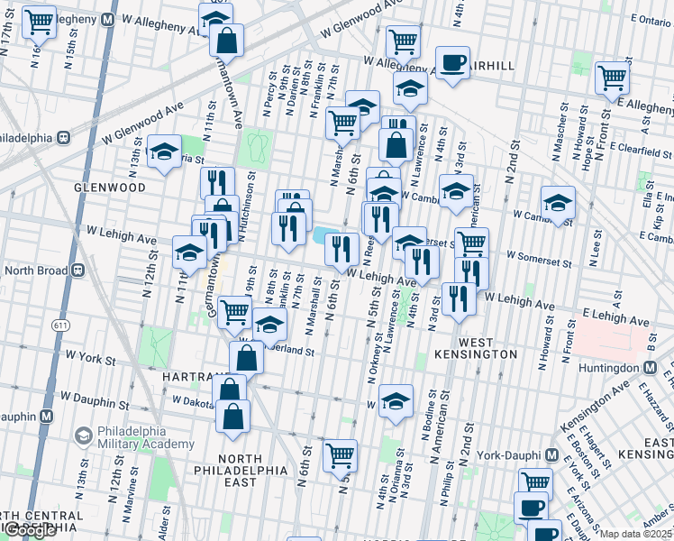 map of restaurants, bars, coffee shops, grocery stores, and more near N 6th St & W Lehigh Ave in Philadelphia