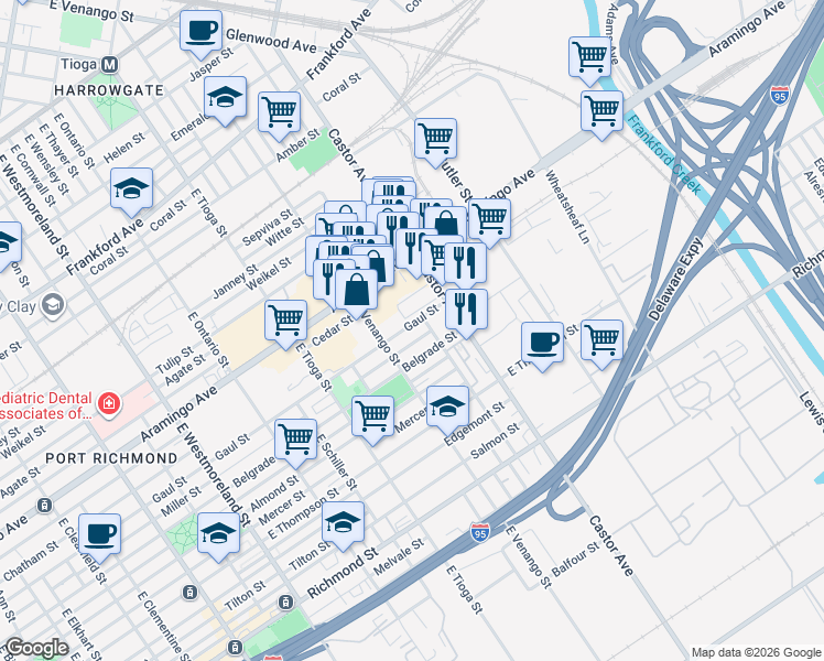 map of restaurants, bars, coffee shops, grocery stores, and more near 2450 Castor Avenue in Philadelphia