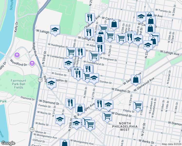 map of restaurants, bars, coffee shops, grocery stores, and more near 2431 North Marston Street in Philadelphia