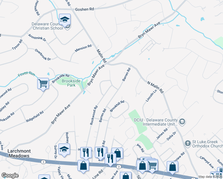 map of restaurants, bars, coffee shops, grocery stores, and more near 139 Rockwood Road in Newtown Square