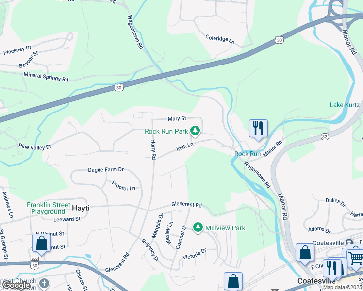 map of restaurants, bars, coffee shops, grocery stores, and more near 115 Irish Lane in Coatesville